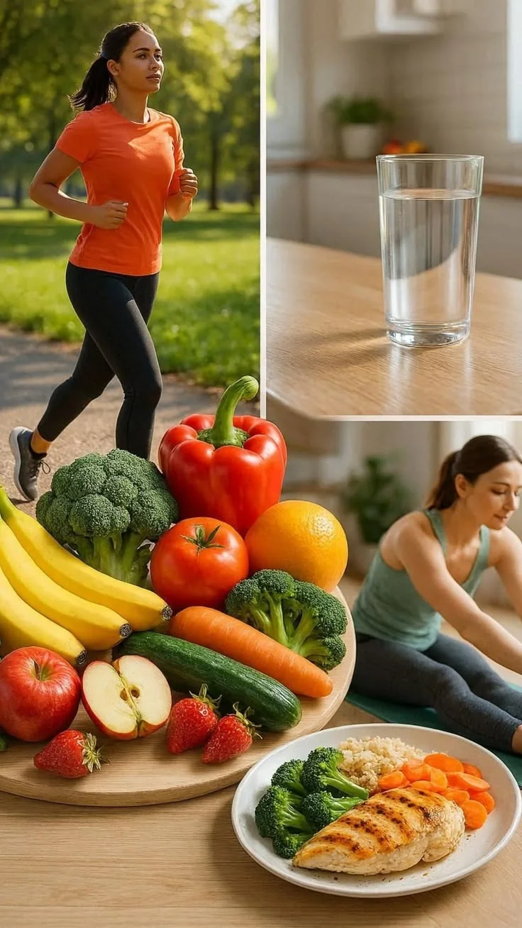 Colagem com uma mulher correndo em um parque, um copo de água, uma tábua de frutas e legumes e um prato com frango, brócolis e arroz