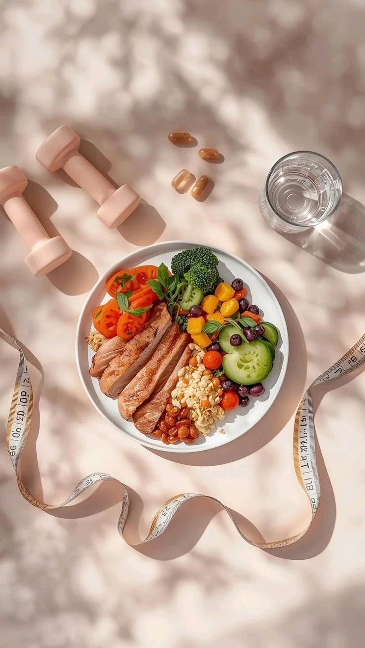 Prato equilibrado com proteína, vegetais e grãos, ao lado de halteres rosa e uma fita métrica