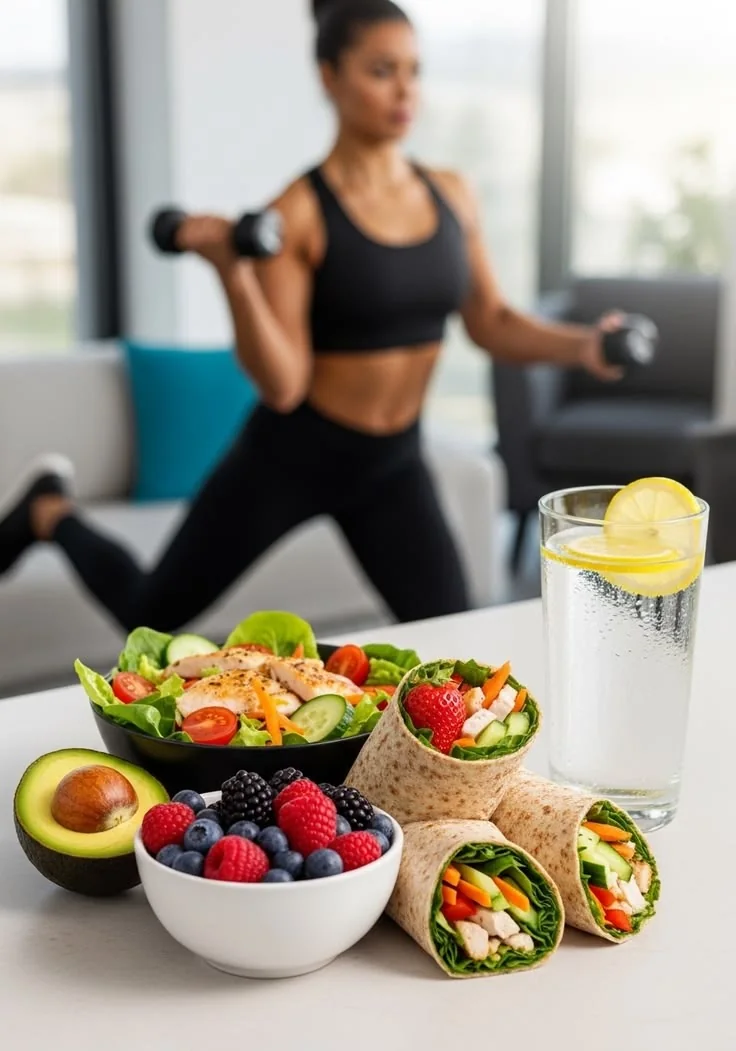 Mulher treinando com halteres em casa, com uma salada, wraps e um copo de água com limão em primeiro plano